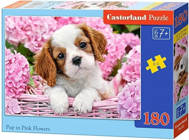 Puzzle Welpe in rosa Blumen