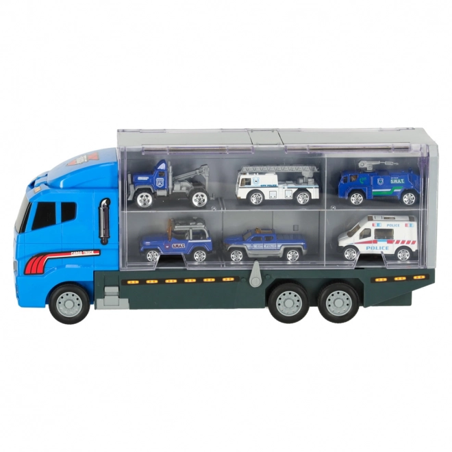 Transporter-LKW mit Abschussrampe und Polizeiautos