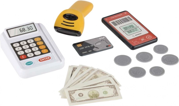 Realistisches Einkaufen: Kasse, Scanner und Kartenzahlung