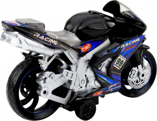 Schwarzblaues Rennmotorrad mit Licht- und Soundeffekten