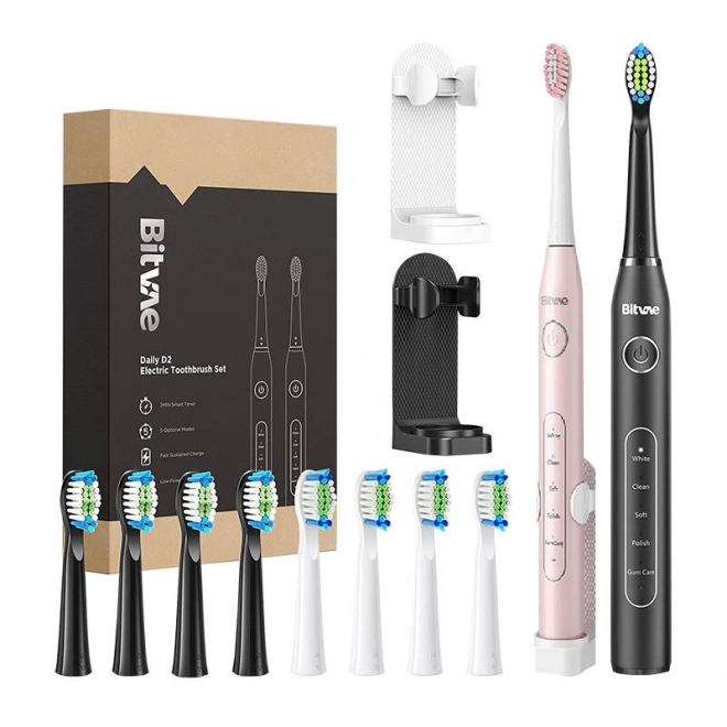 Sonic Zahnbürste Set mit Aufsätzen und Halterungen - Rosa und Schwarz