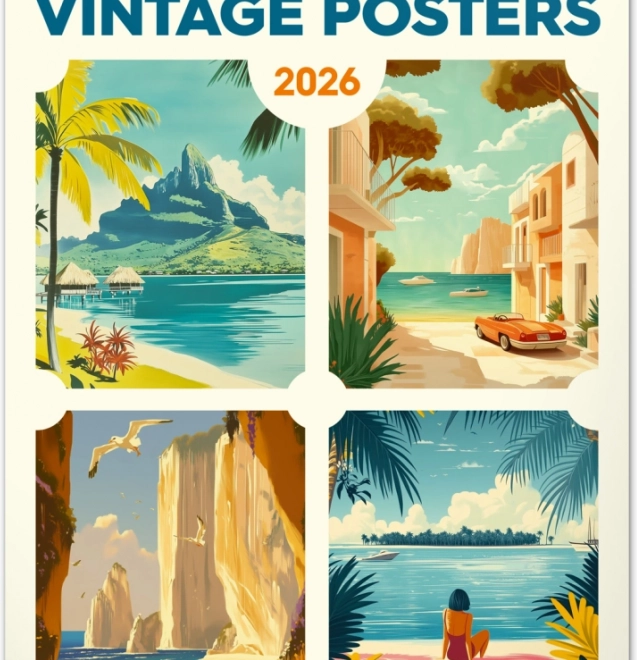 Wandkalender Vintage-Plakate Tropische Paradiese 2026