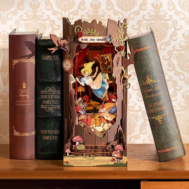 Buchstütze mit 3D-Diorama Reise ins Wunderland