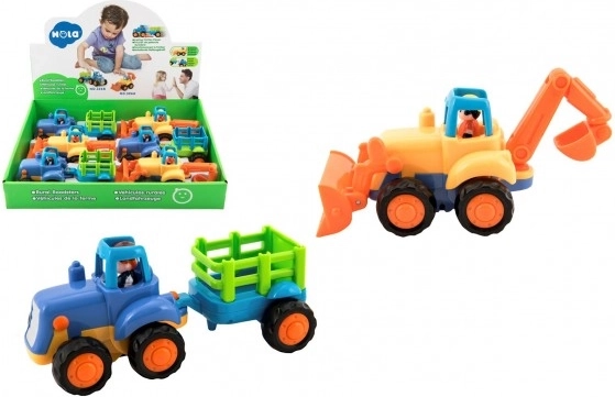 Traktor mit Anhänger/Bulldozer aus Kunststoff 16 cm für die Kleinsten mit Rückzugsmotor 6 Stück im Karton 18M+