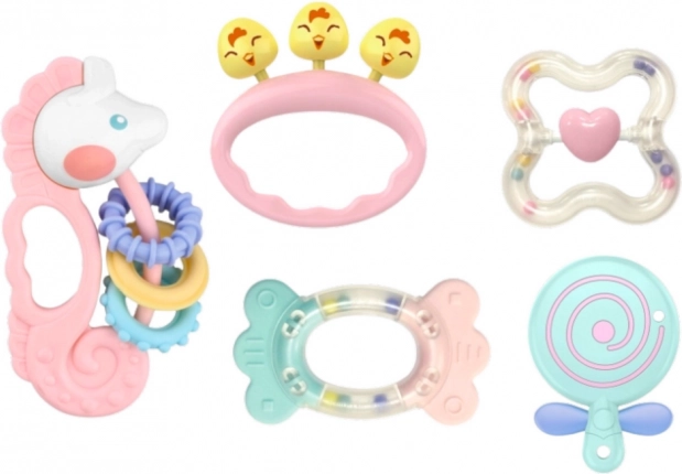 Set aus Sinnes-Rasseln und Beißringen für Säuglinge rosa 5 Stk.