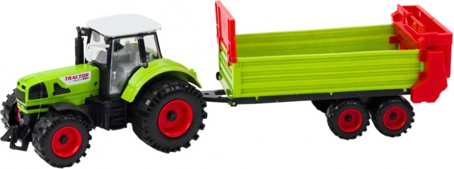 Traktor mit Anhänger, Schwungrad-Antrieb, aufklappbare Motorhaube und Türen, grün