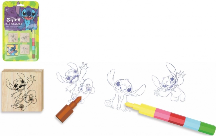 Stempel mit Stempelkissen, Holz, 4,5 × 4,5 cm, mit Wachsmalstift LILO & STITCH