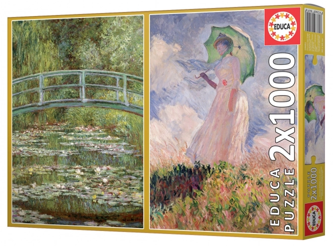 Educa Puzzle Seerosen-Teich und Frau mit Sonnenschirm 2x1000 Teile