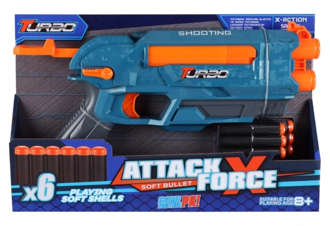 Blaster Turbo mit einer Reichweite von 8–15 m und 6 Patronen