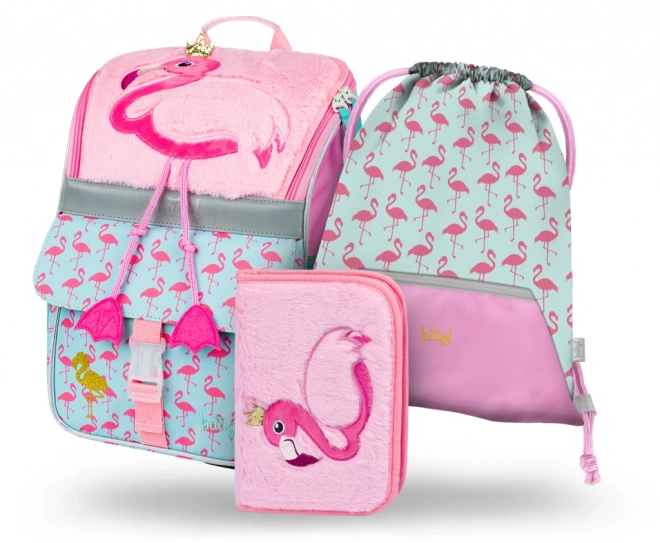 Baagl 3er Set Zippy Flamingo: Schulranzen, Federmäppchen, Sportbeutel