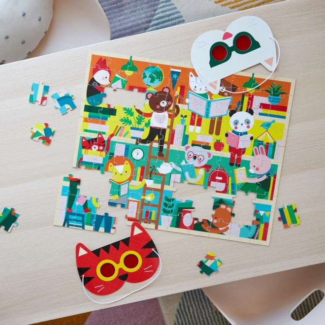 Petit Collage Puzzle Bibliothek 100 Teile mit 3D-Brillen