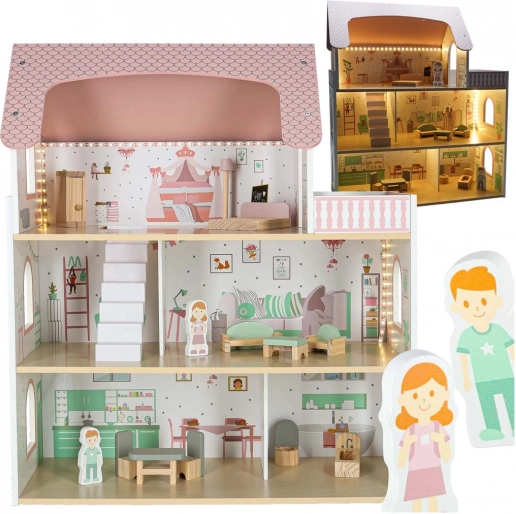 Holz-Puppenhaus mit LED-Beleuchtung Lulilo Peonio 70 cm, rosa