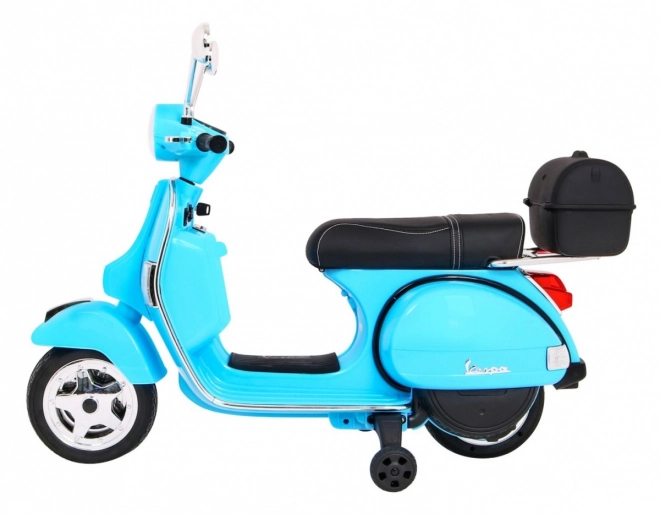 Elektrischer Kinderroller Vespa Blau mit Stützrädern, Audio und EVA