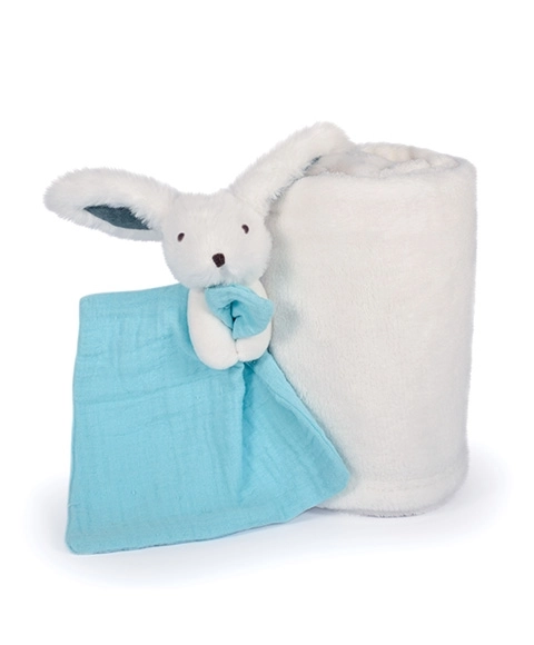 Doudou Geschenkeset Glücklicher Hase Decke und Kuscheltuch Blau