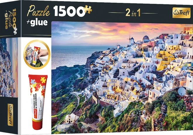 Puzzle-Set 2-in-1 Wunderschöne Insel Santorini, Griechenland 1500 Teile mit Kleber