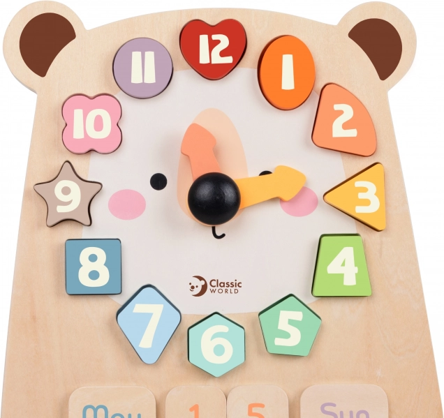 Holzuhr für Lernzwecke, Bär Classic World 3-in-1 zur Vermittlung von Zeit, Rechnen und Daten