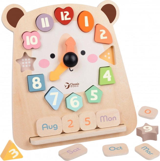 Holzuhr für Lernzwecke, Bär Classic World 3-in-1 zur Vermittlung von Zeit, Rechnen und Daten