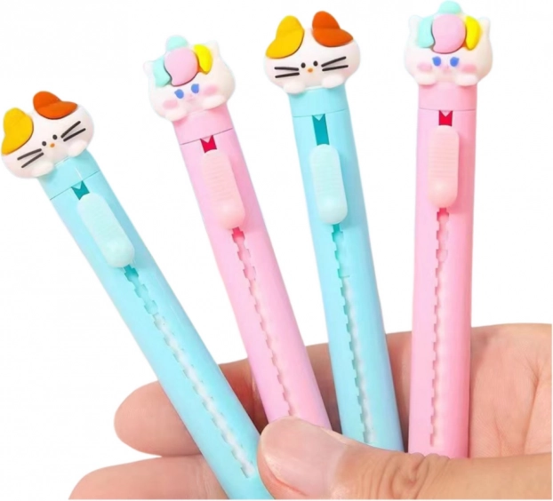 Ausziehbarer Radiergummi mit Katzenfigur blau rosa