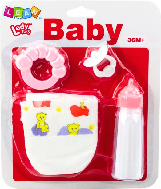 Set mit Zubehör für Puppen mit Flasche, Schnuller, Windel und Rassel
