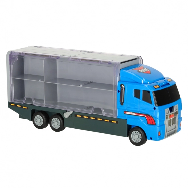 Transporter-LKW mit Abschussrampe und Polizeiautos
