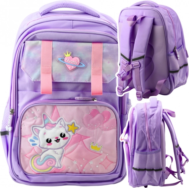 Lila Schulrucksack mit Katze und Brustgurt 20L