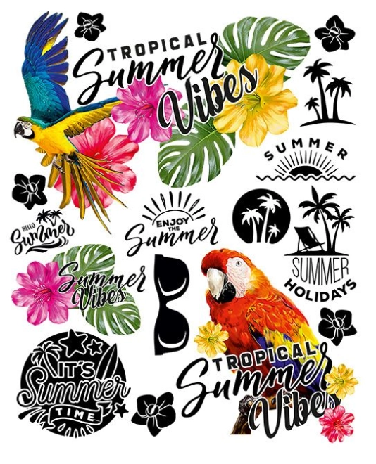 Sommerliche und tropische Motive auf einem Bogen