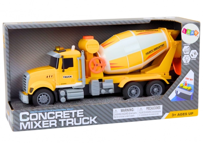 Gelber Betonmischer-LKW mit Reibungsantrieb, Licht- und Soundeffekten
