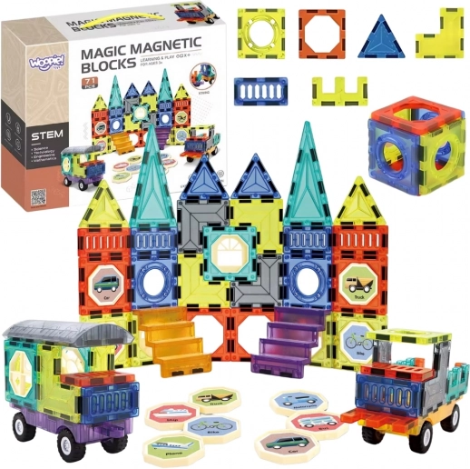 Woopie magnetische 3D-Bausteine – Schloss und Fahrzeuge, 71 Teile