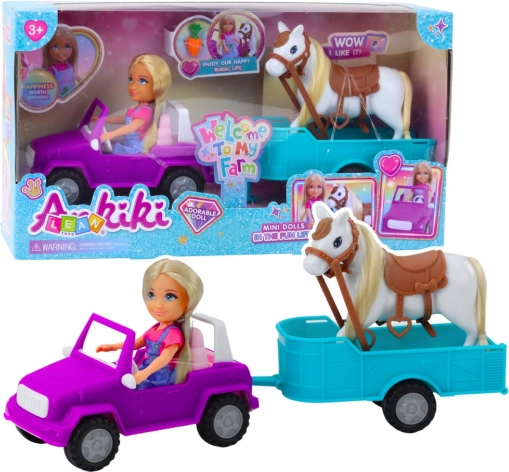 Puppe mit Cabrio und Pferdeanhänger