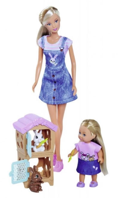 Puppe Steffi und Evi mit Kaninchenfamilie