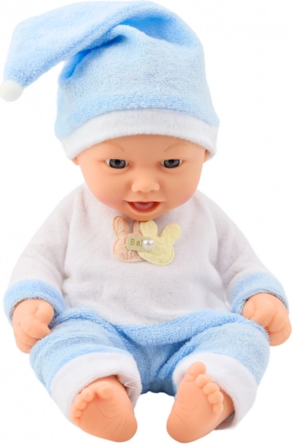 Puppe Baby in blauem Pyjama mit Mütze mit Bommel