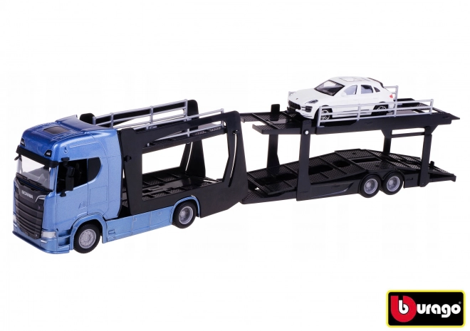 Bburago Multicar Carrier Scania 770S Blau mit Porsche Macan Modellauto