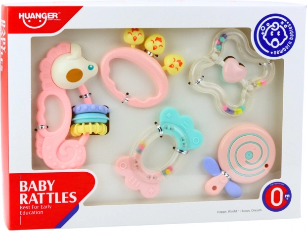 Set aus Sinnes-Rasseln und Beißringen für Säuglinge rosa 5 Stk.