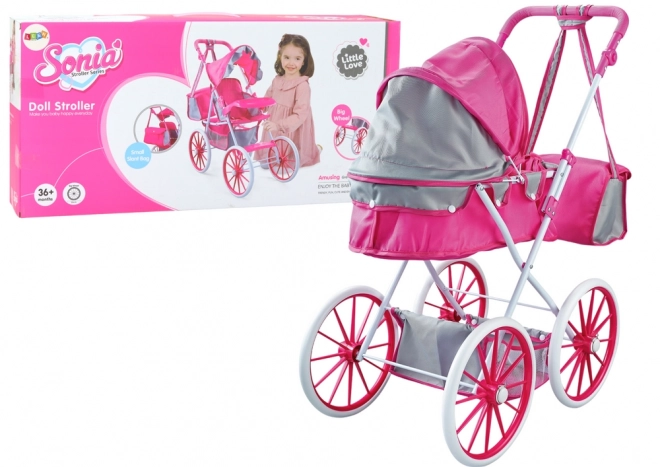 Puppenwagen Metall Rosa Großräder mit Tasche