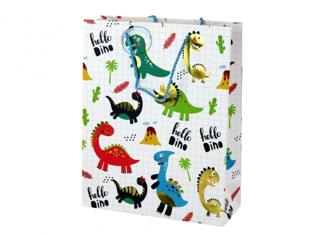 Weiße Geschenktüte mit Karos und Dinosauriern