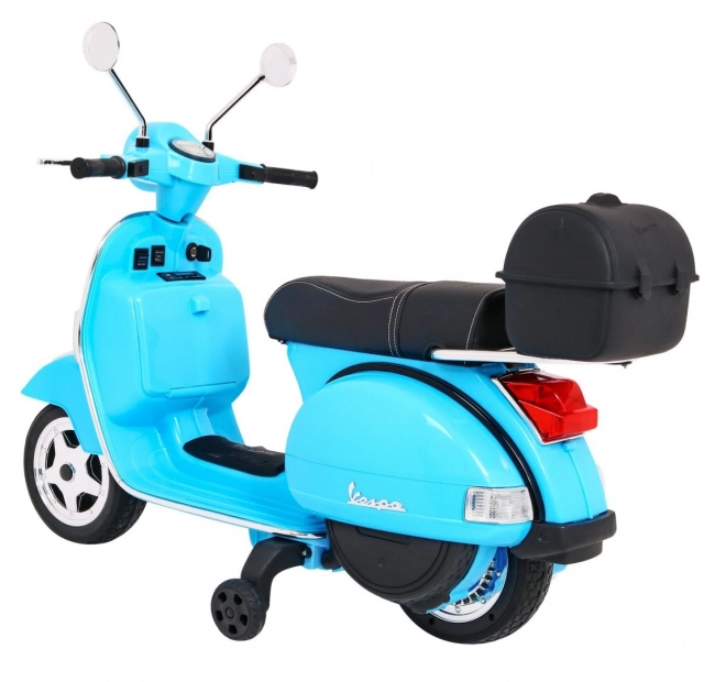 Elektrischer Kinderroller Vespa Blau mit Stützrädern, Audio und EVA