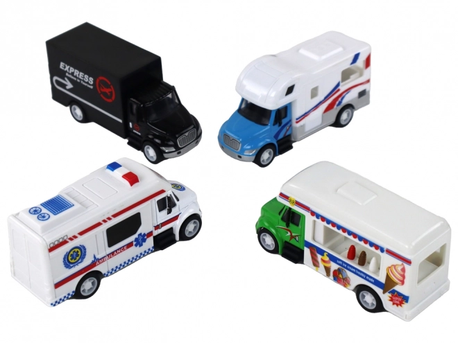 Set aus Wohnmobil, Lkw, Rettungswagen und Eisdiele mit Friktionsantrieb 1:87