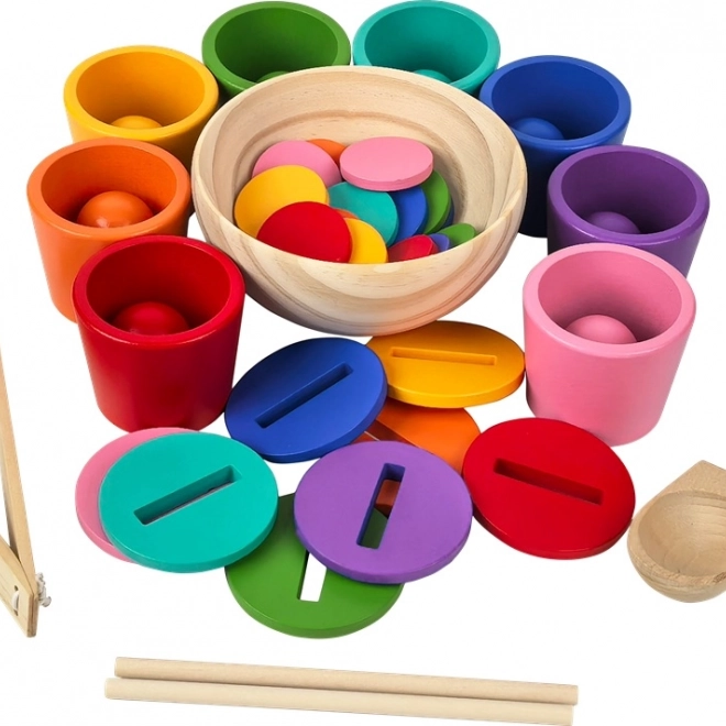 Regenbogen-Kugeln, Münzen und Becher – Montessori-Holzset in 8 Farben