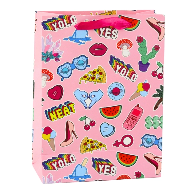 Geschenktasche mit bunten Aufklebern
