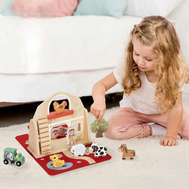 Tooky Toy Zusammenbaubare Holzfarm mit Tierfiguren
