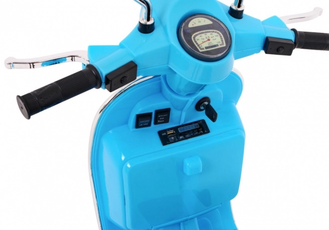 Elektrischer Kinderroller Vespa Blau mit Stützrädern, Audio und EVA