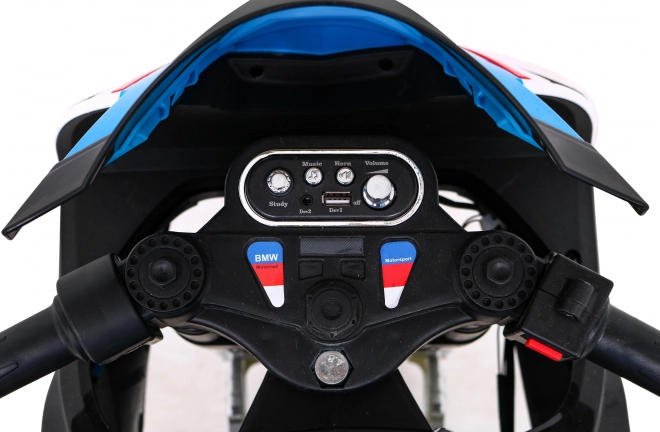 Kinder-Elektromotorrad BMW HP4 Blau + Stützräder + sanfter Start + EVA + MP3 LED