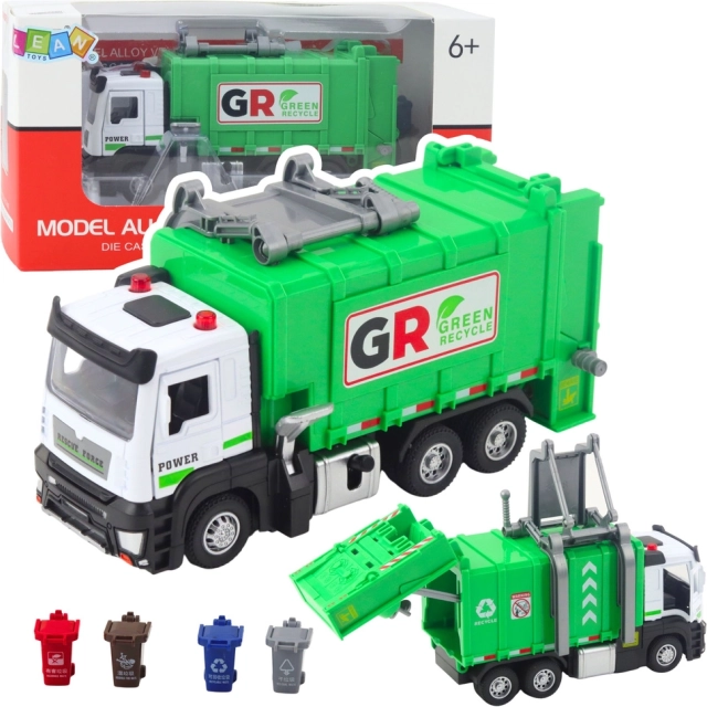 Müllwagen mit Schwungrad, Licht und Sound – 4 Abfalleimer, grün