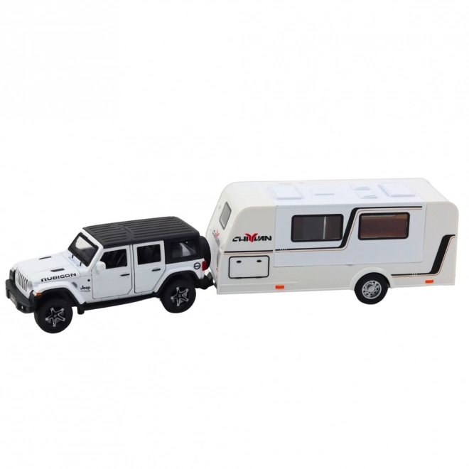 Weißer Geländewagen mit Wohnwagen 1:32