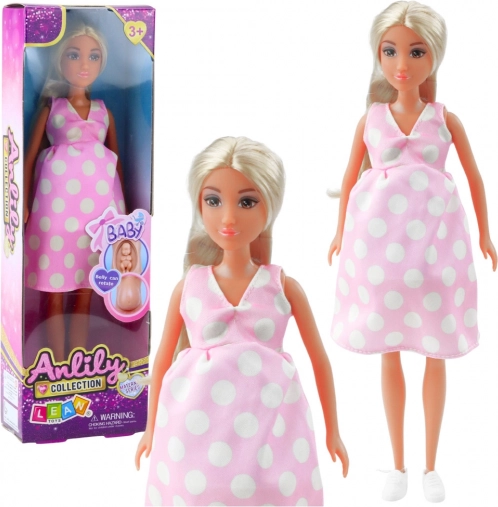 Schwangere Puppe Anlily in Rosa Kleid mit Punkten und Langen Haaren