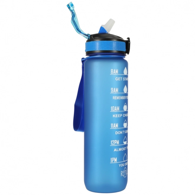 Rosa Wasserflasche mit Trinkhalm und Motivationsmarkierungen 1L – Blau