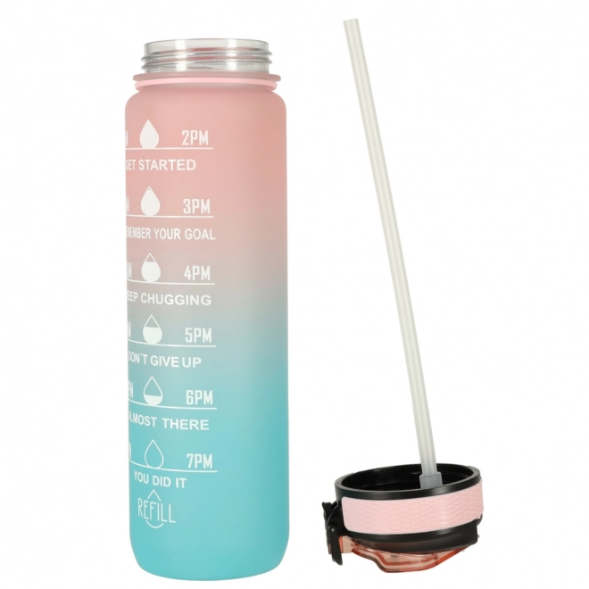 Rosa Wasserflasche mit Trinkhalm und Motivationsmarkierungen 1L – rosa-blau