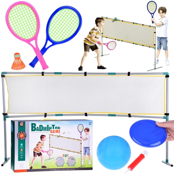 3-in-1 Sport-Set mit Volleyballnetz, Badminton und Flugscheibe