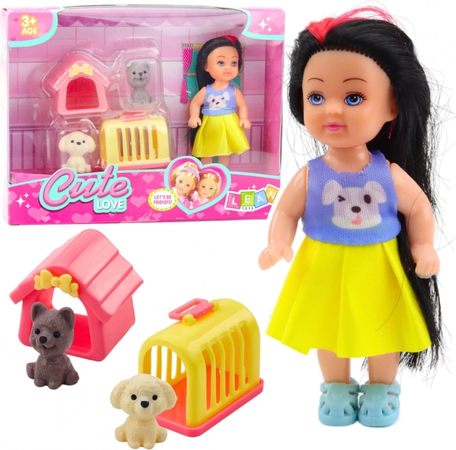 Satz Mini Puppe mit Kleidchen Hunden Hundehütte Transportbox
