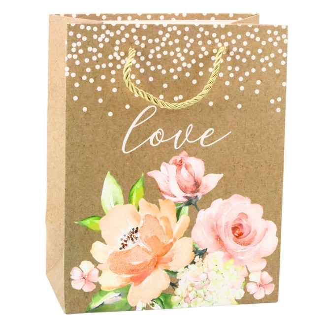 Geschenktasche mit Aufschrift Love und Blumen